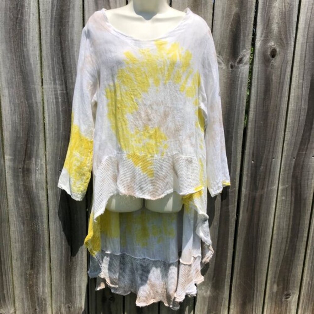 Belle France Medium Tie Dye Yellow Gray White Linen Tunic Top Blouse Lagenlook